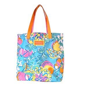 Lilly Pulitzer X Estee Lauder Colorful Canvas Tote Bag Blue Pink Yellow Tropical